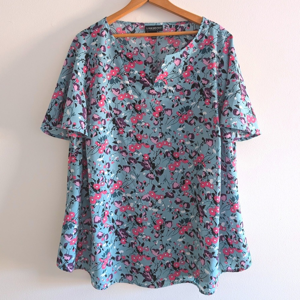 Lane Bryant Women Teal Floral V-Neck Flutter Sleeve Blouse Top Size 14 583018